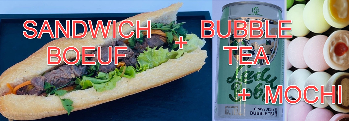 SANDWICH (Boeuf OU poulet) + canette SODA + Dessert (Mochi ou petit Muffin)