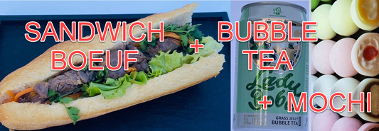 SANDWICH (Boeuf OU poulet) + canette SODA + Dessert (Mochi ou petit Muffin)
